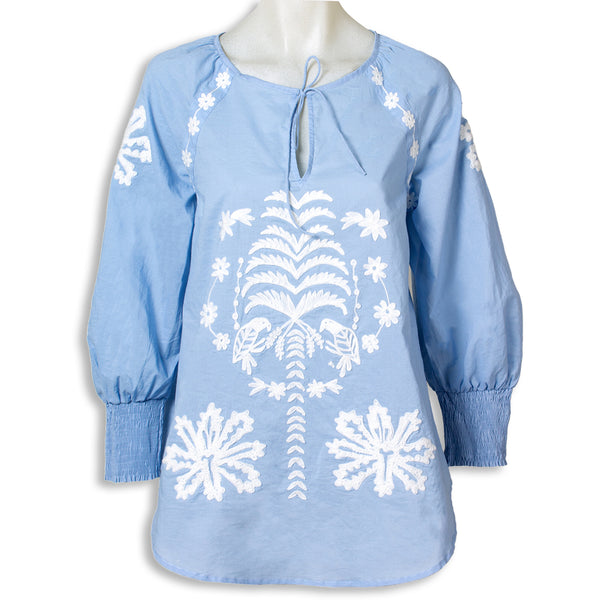 Rubicon BLOOM blaues Top mit weisser Stickerei