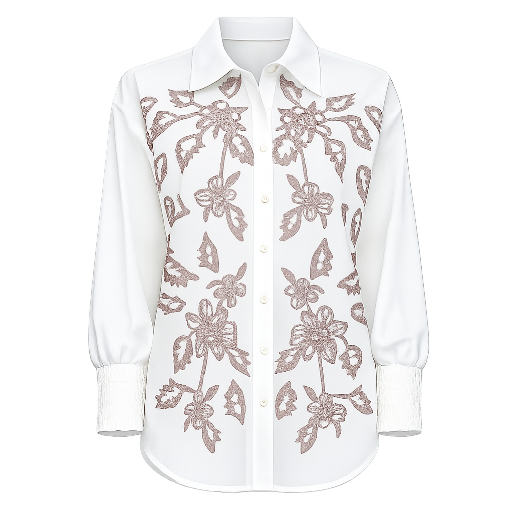 Rubicon BLOOM weisse Baumwollbluse mit taupe Stickerei 1419