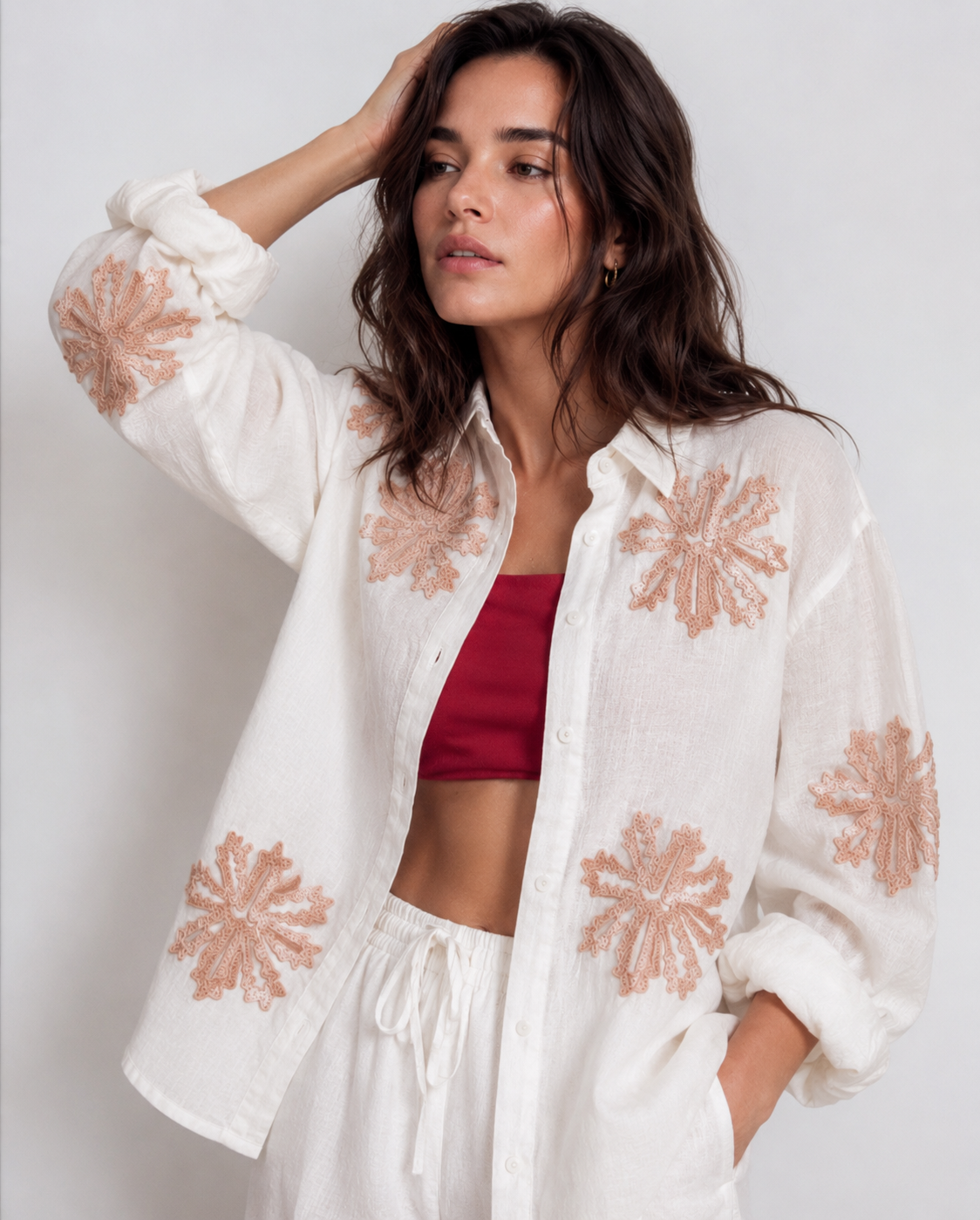 Rubicon BLOOM weisse Bluse mit taupe Stickerei 1434